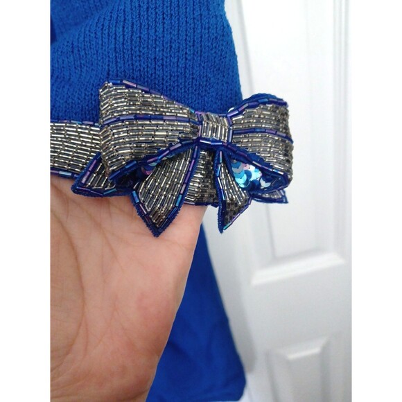 VINTAGE DON SAYERS For WELLMORE Blue Beaded 3D Bows On Sleeves SWEATER DRESS 12 - Picture 5 of 13